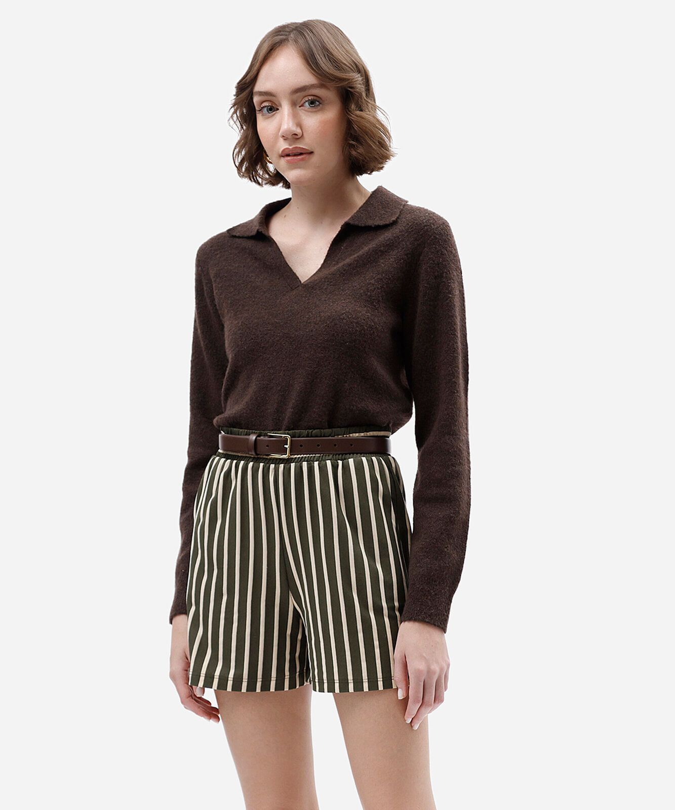 short feminino com algodão cós elástico listrado verde