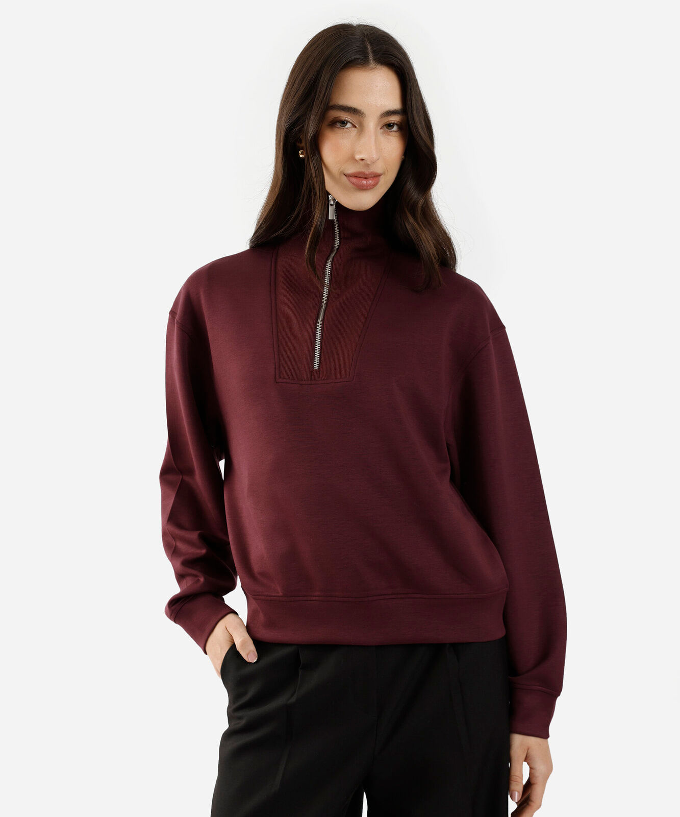 blusão feminino de moletom scuba gola alta com zíper vinho