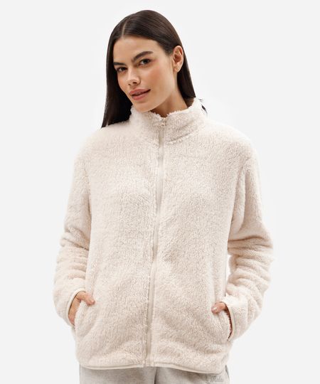 jaqueta de pijama feminina em fleece gola alta bege G