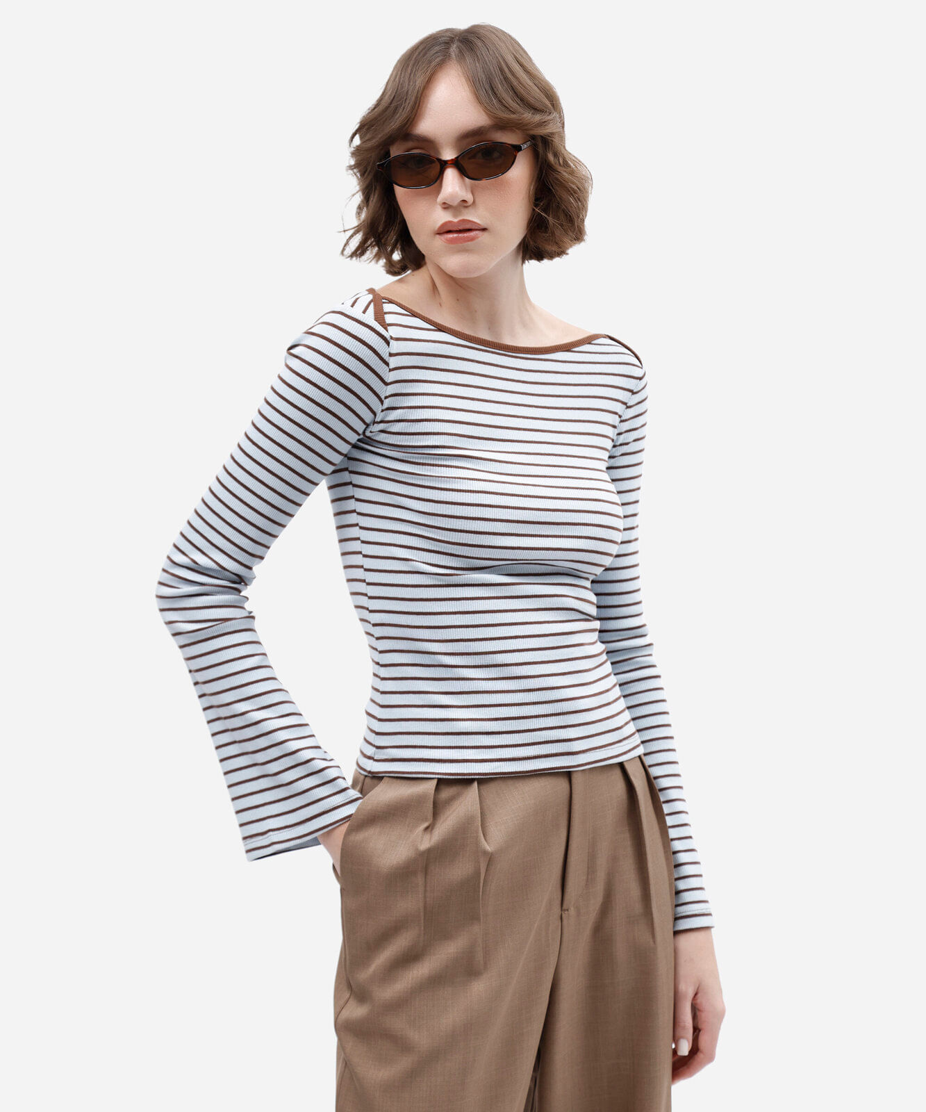 blusa feminina com algodão manga longa listrada azul