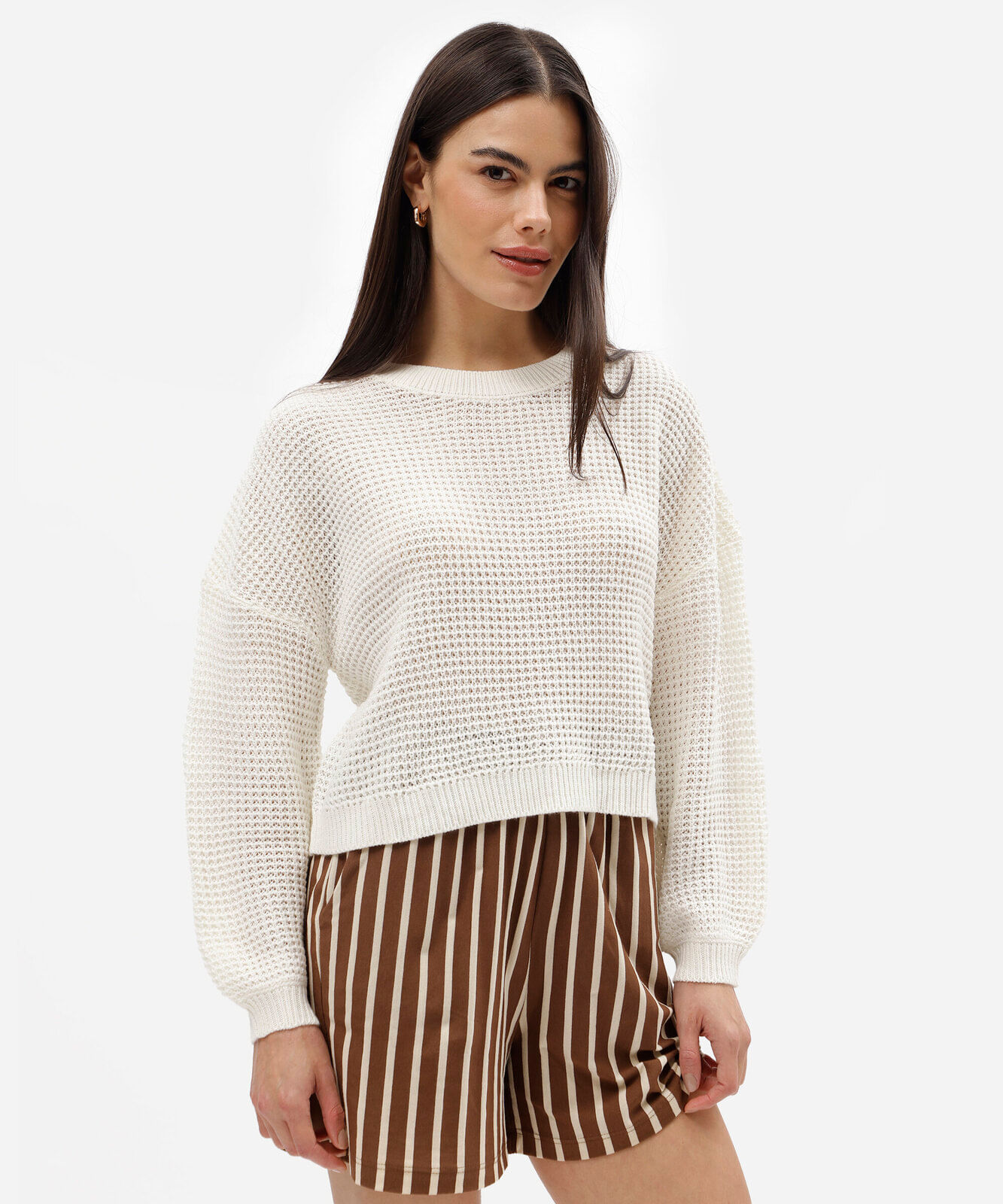 suéter cropped feminino de tricot texturizado off white
