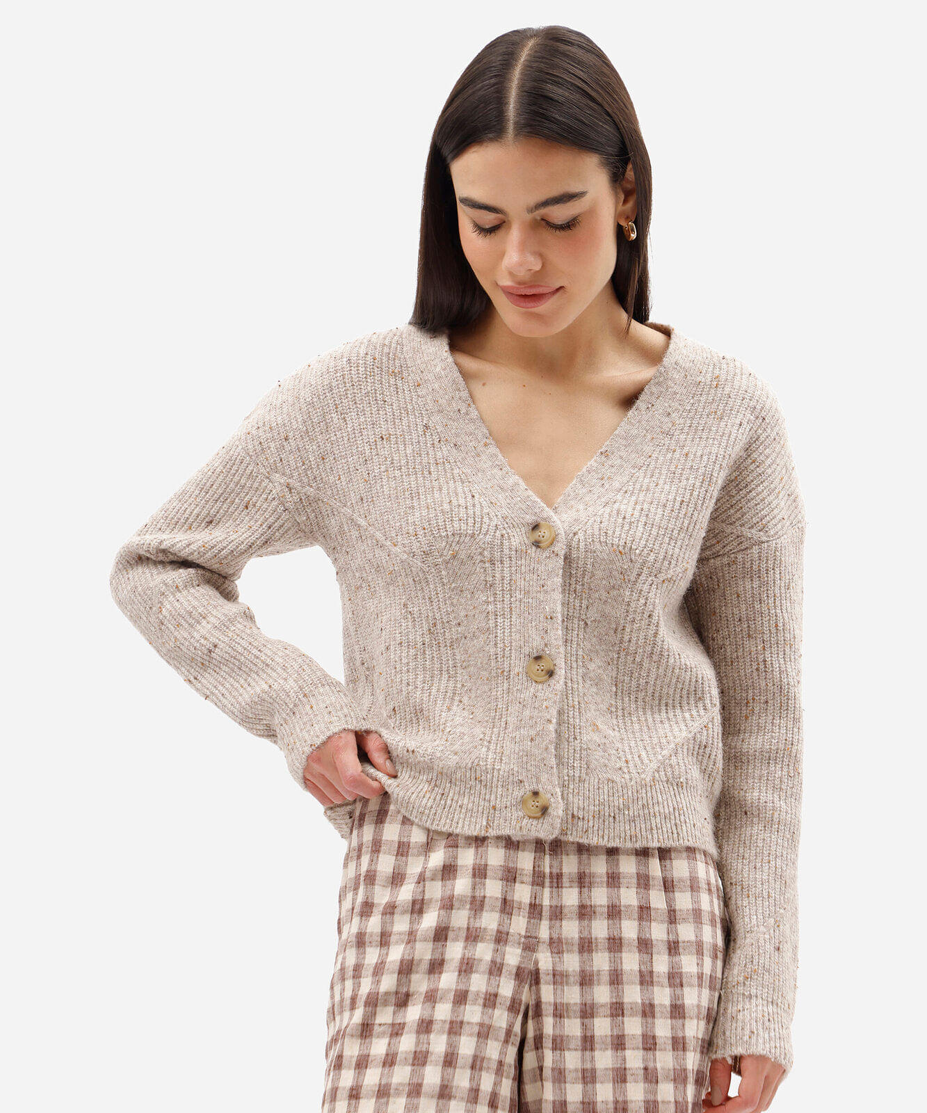 cardigan feminino de tricot texturizado bege