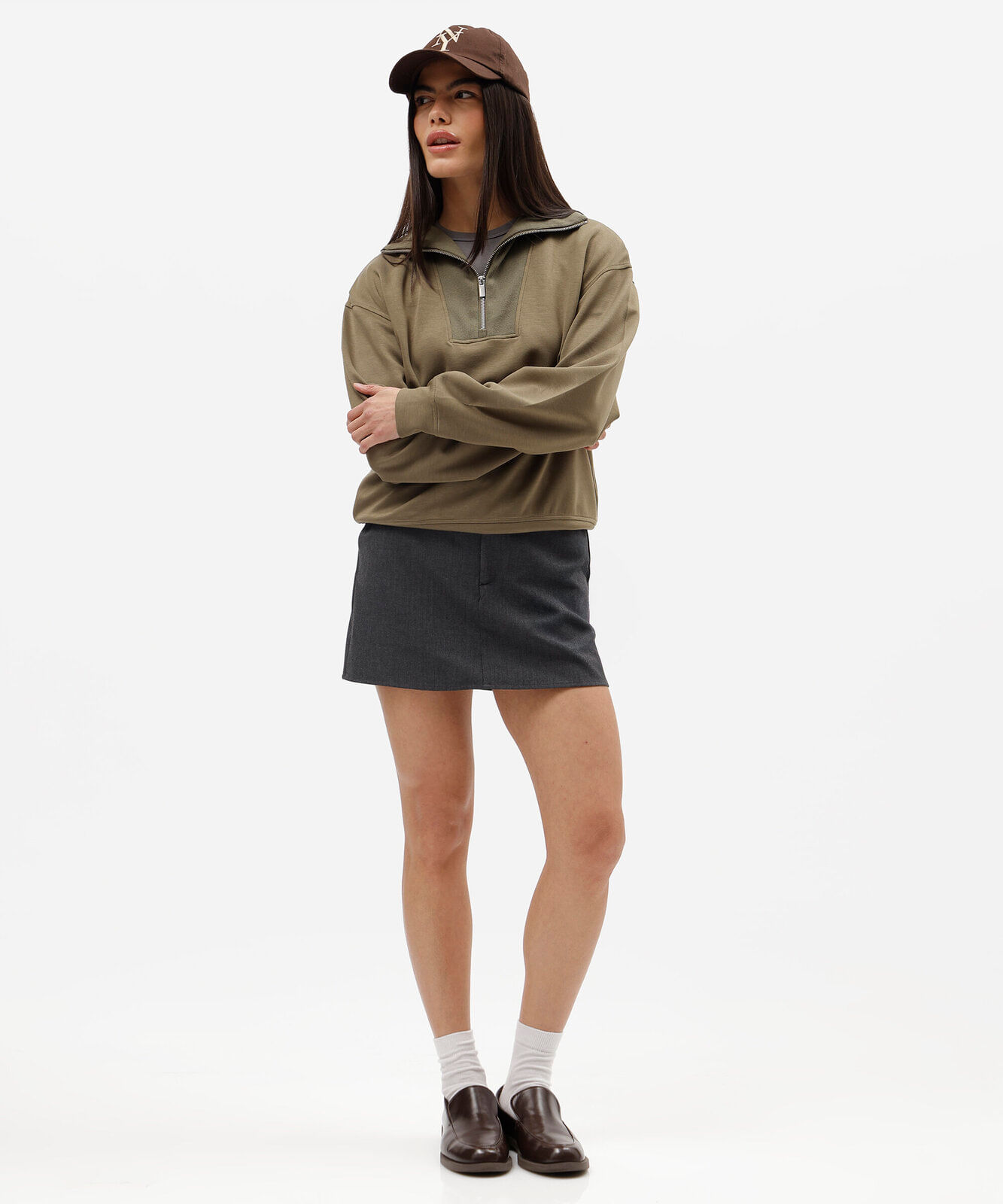 short saia de alfaiataria feminino cintura alta cinza