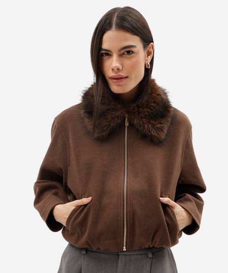 jaqueta bomber feminina gola de pelúcia texturizada marrom M