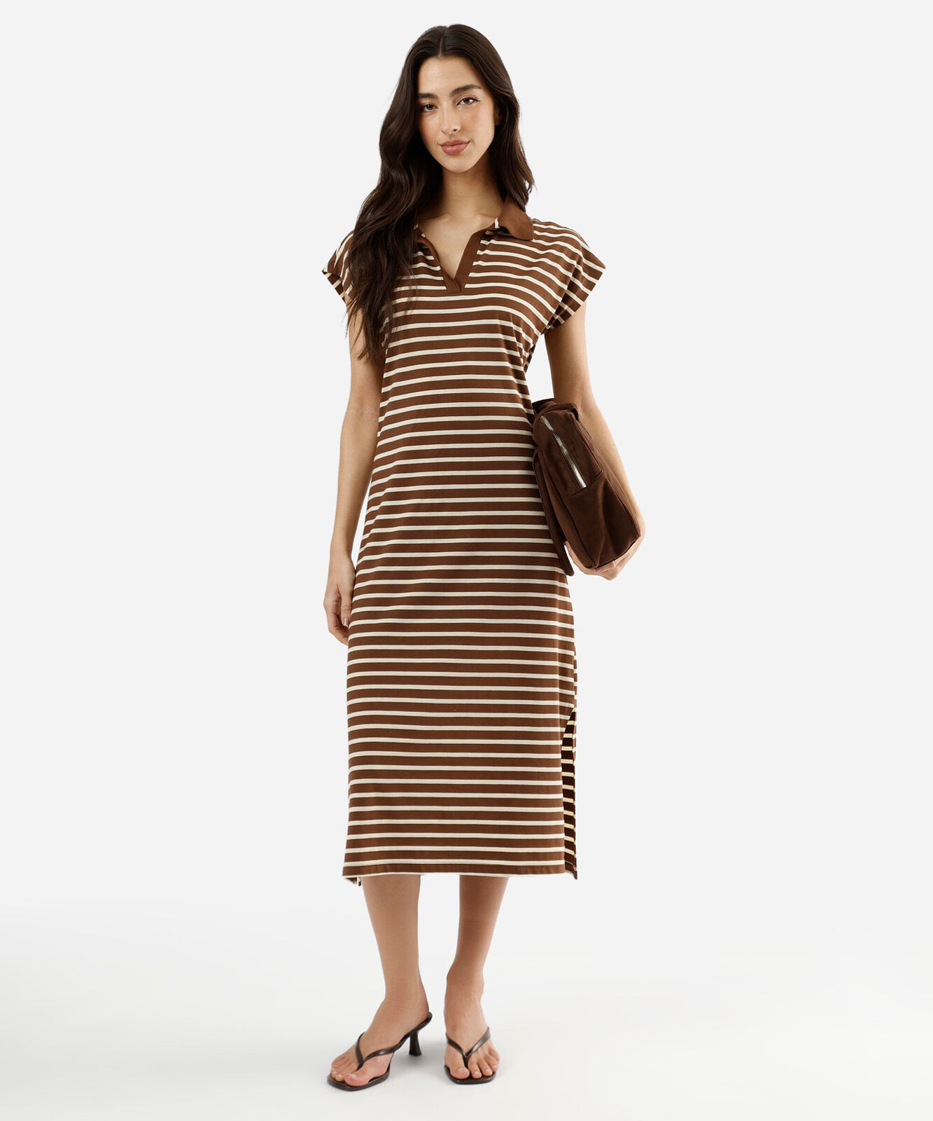 vestido midi feminino com algodão manga curta listrado marrom