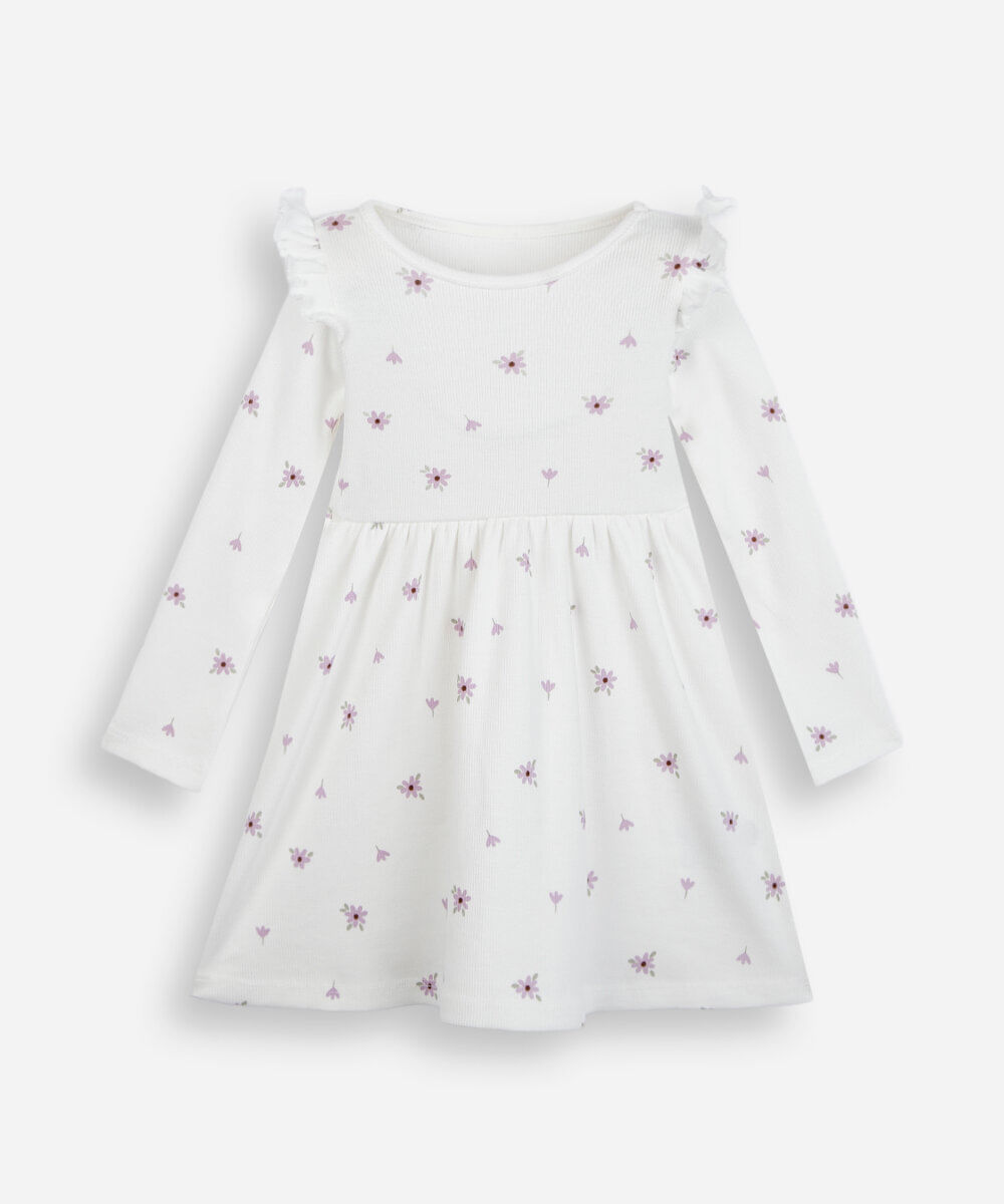 vestido infantil de algodão manga longa com babado floral off white