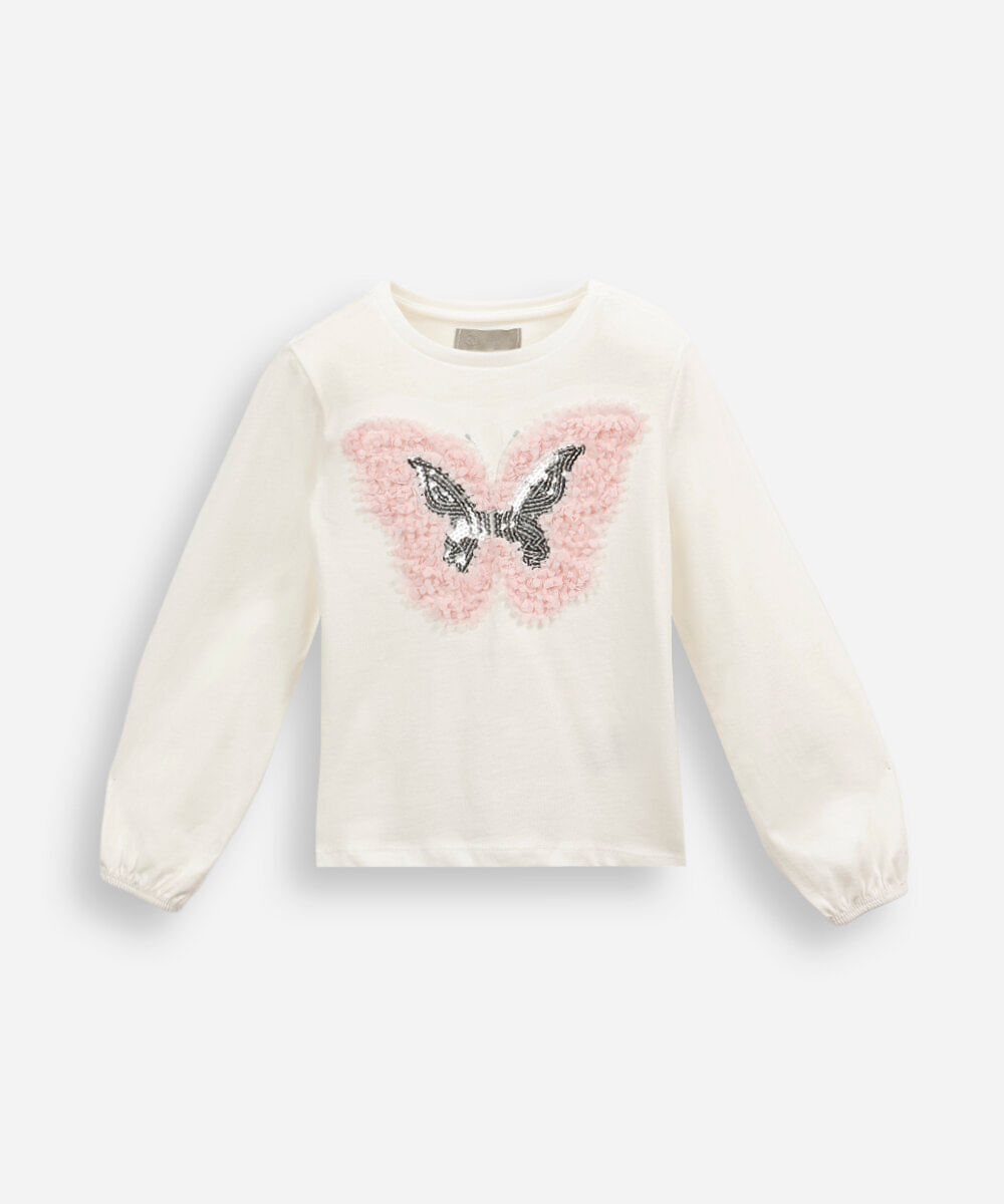 blusa infantil de algodão manga longa com bordado off white