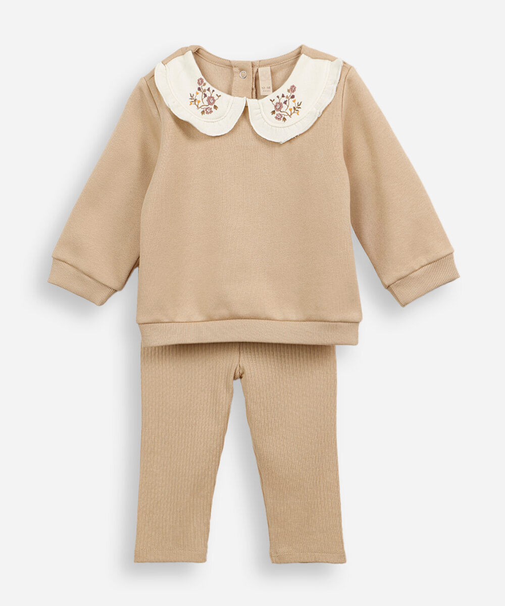 conjunto infantil de moletom com gola floral bege