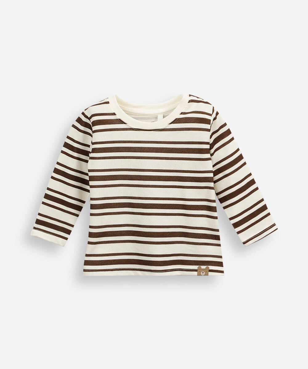 camiseta infantil de algodão manga longa listrada marrom