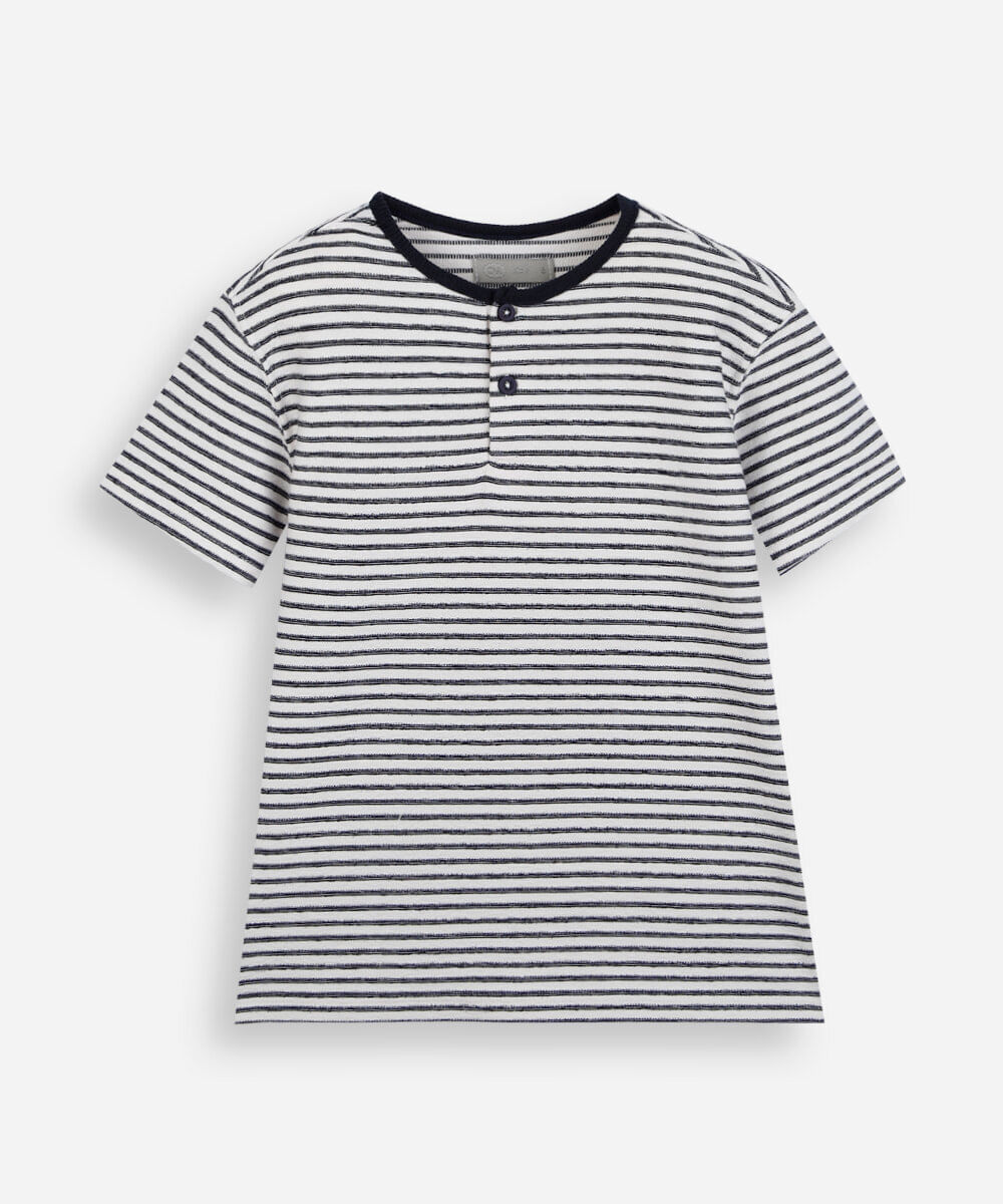 camiseta infantil com algodão gola padre manga curta listrada off white