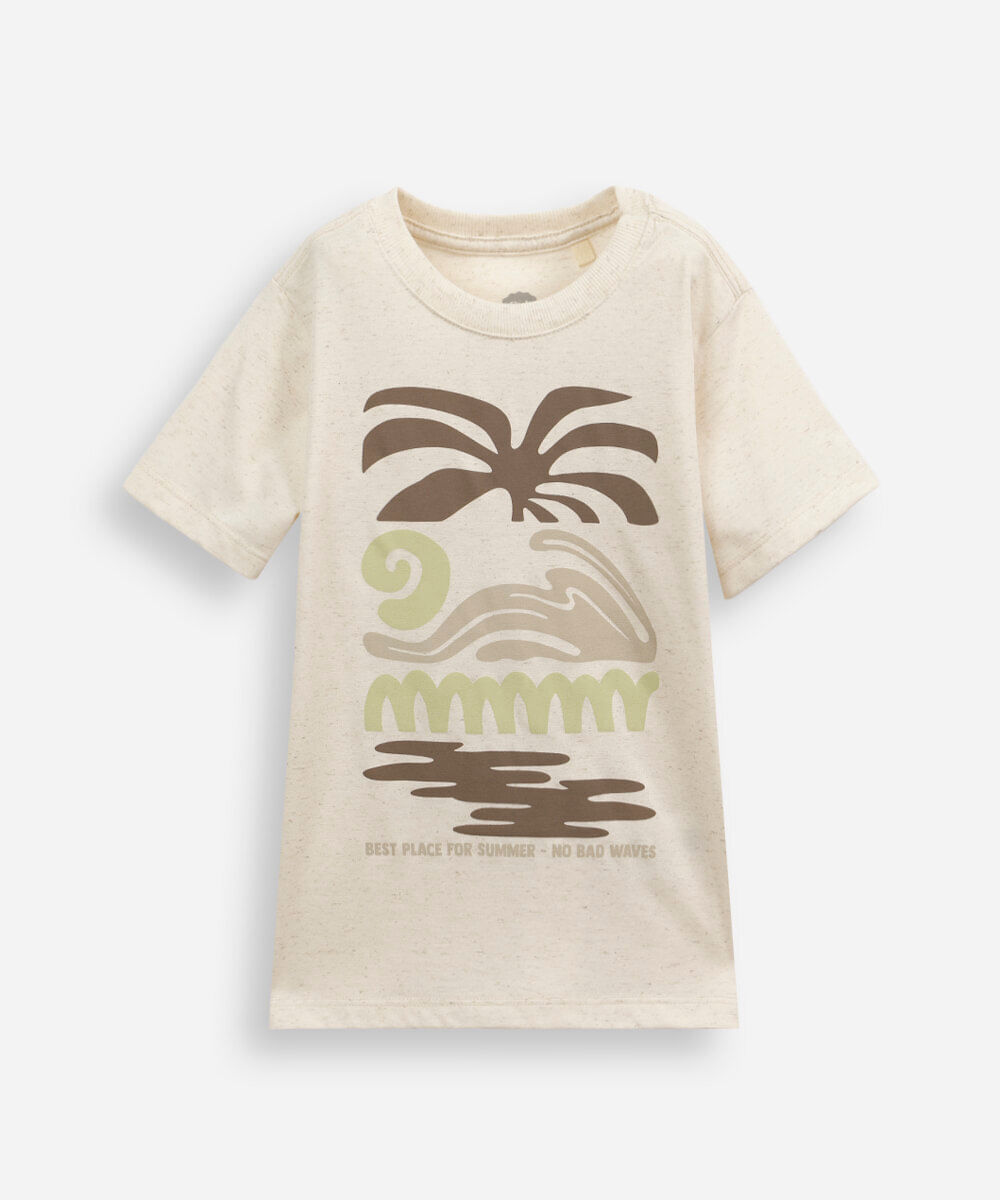 camiseta infantil com linho manga curta estampada off white
