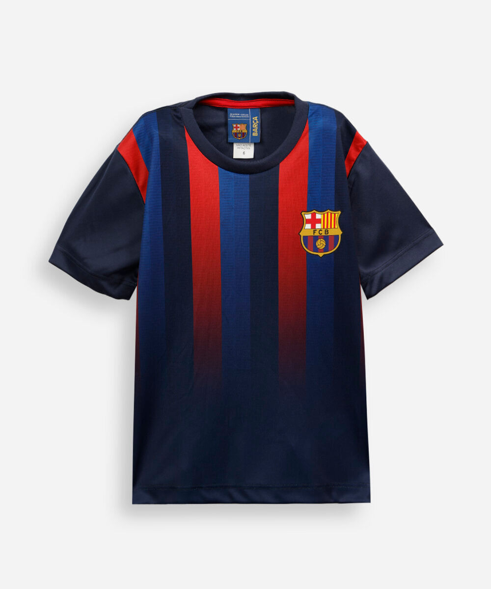 camiseta infantil manga curta barcelona com listras azul