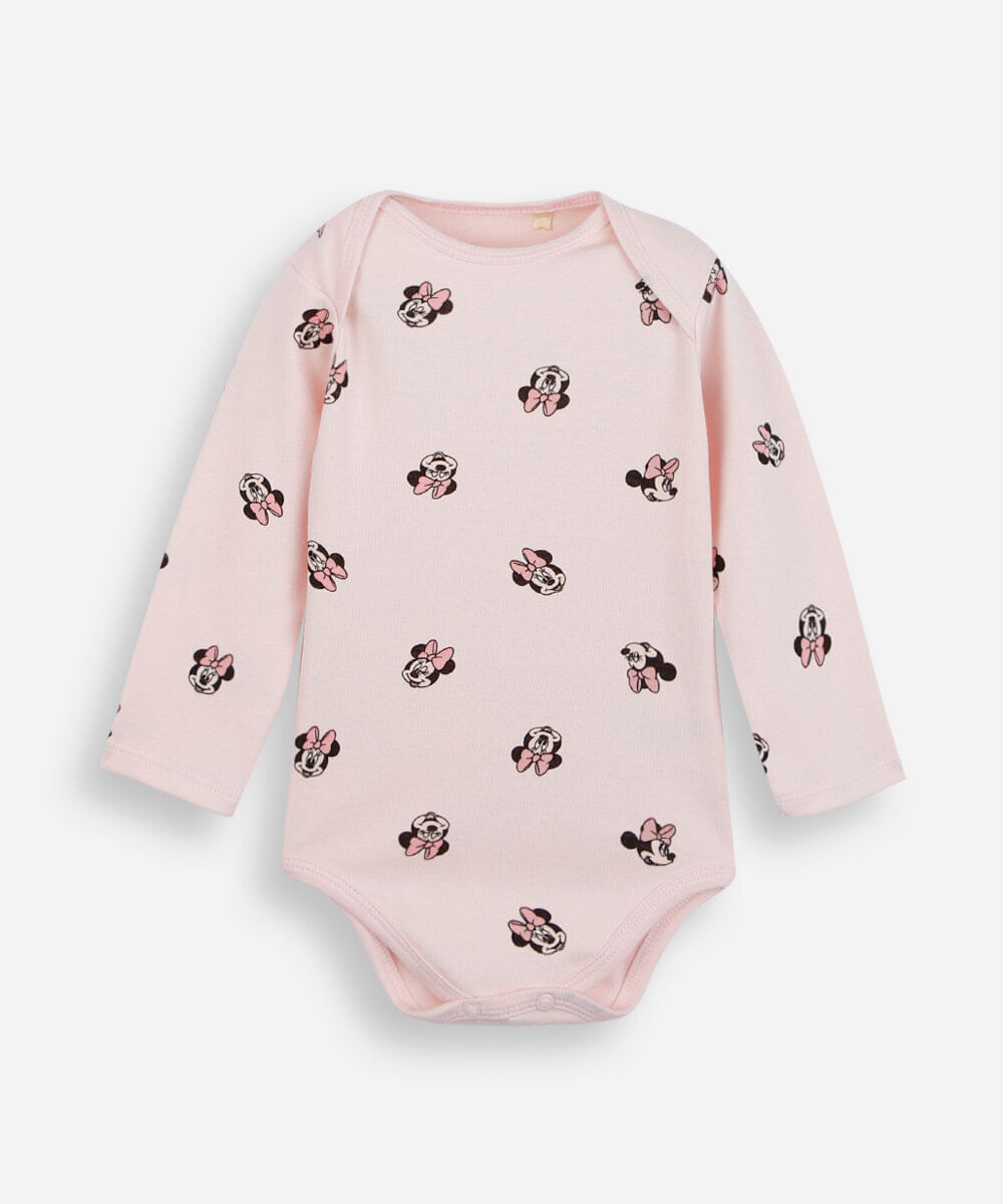 body infantil de algodão manga longa minnie rosa
