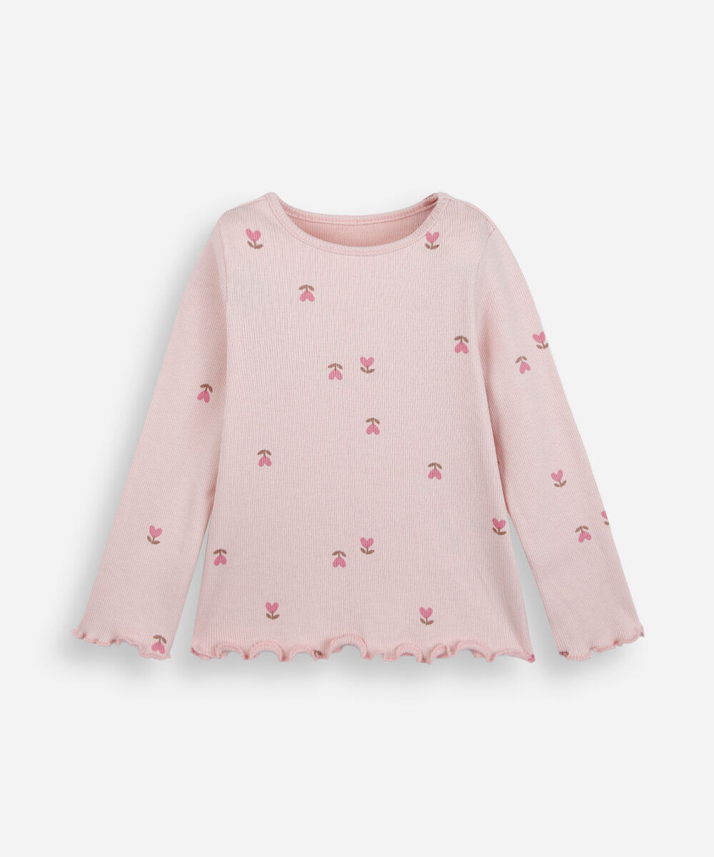 blusa infantil de algodão manga longa floral rosa