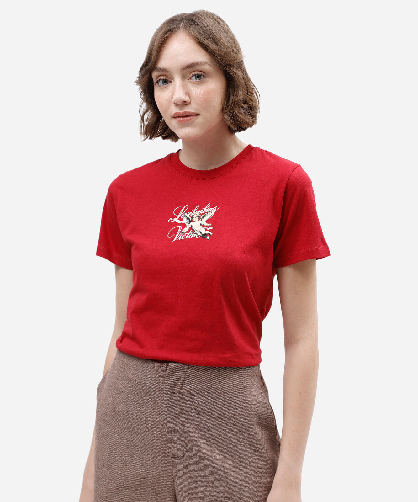 camiseta feminina de algodão manga curta estampada vermelha