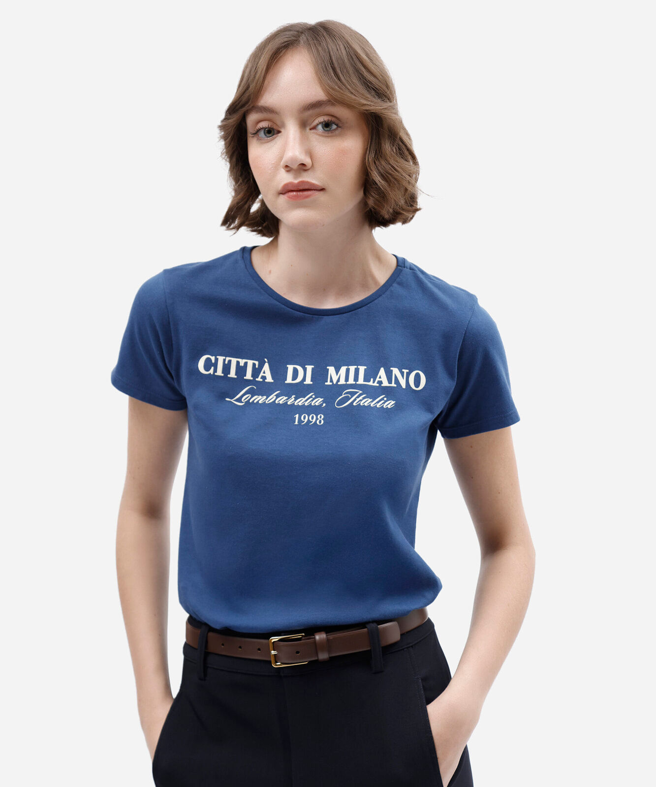 camiseta feminina de algodão manga curta estampada azul