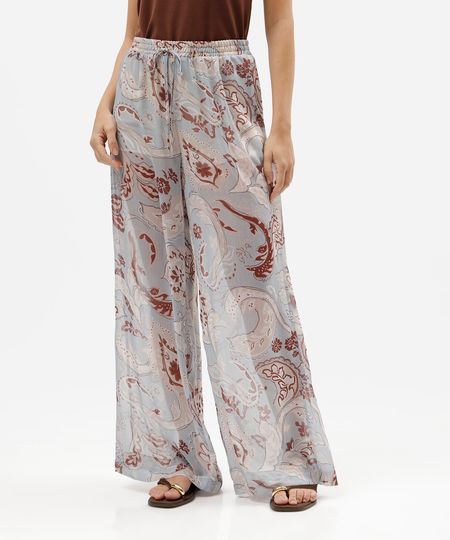 calça pantalona feminina cós elástico paisley azul P