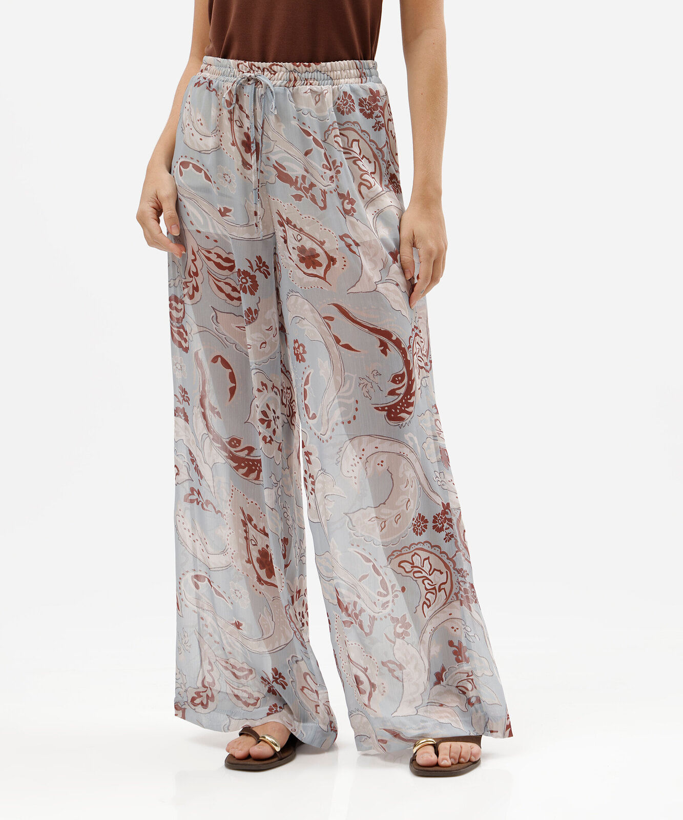 calça pantalona feminina cós elástico paisley azul