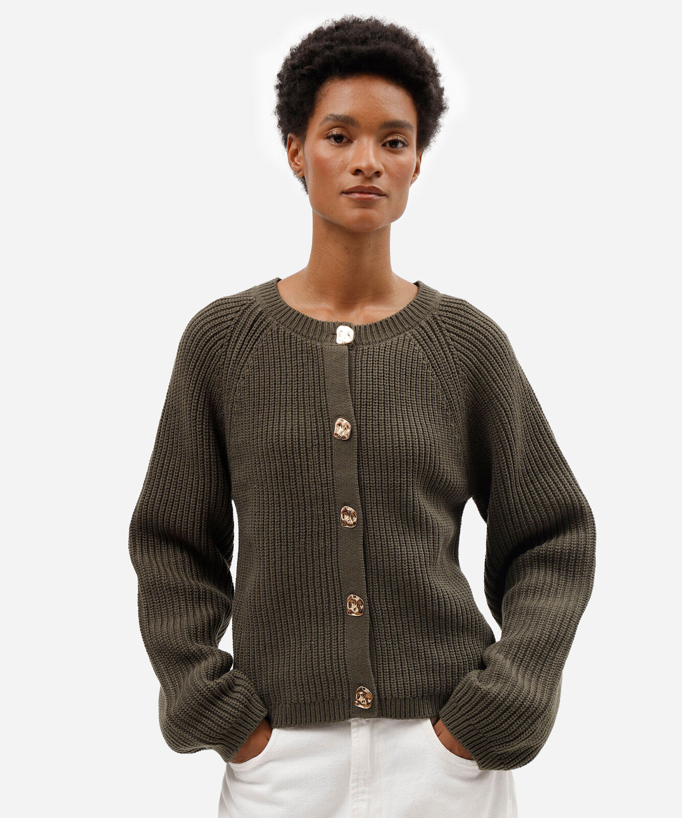 cardigan feminino de tricot botões orgânicos verde