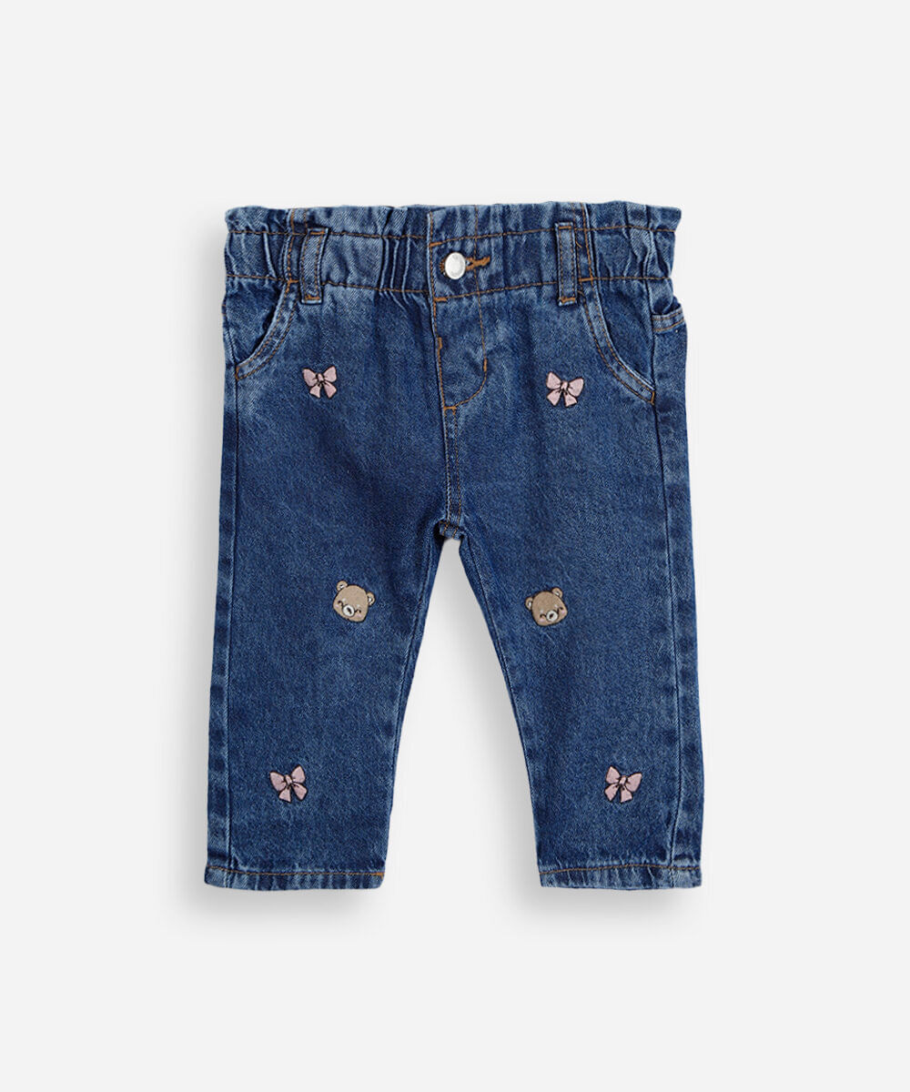 calça clochard infantil jeans com bordados laços e ursos azul