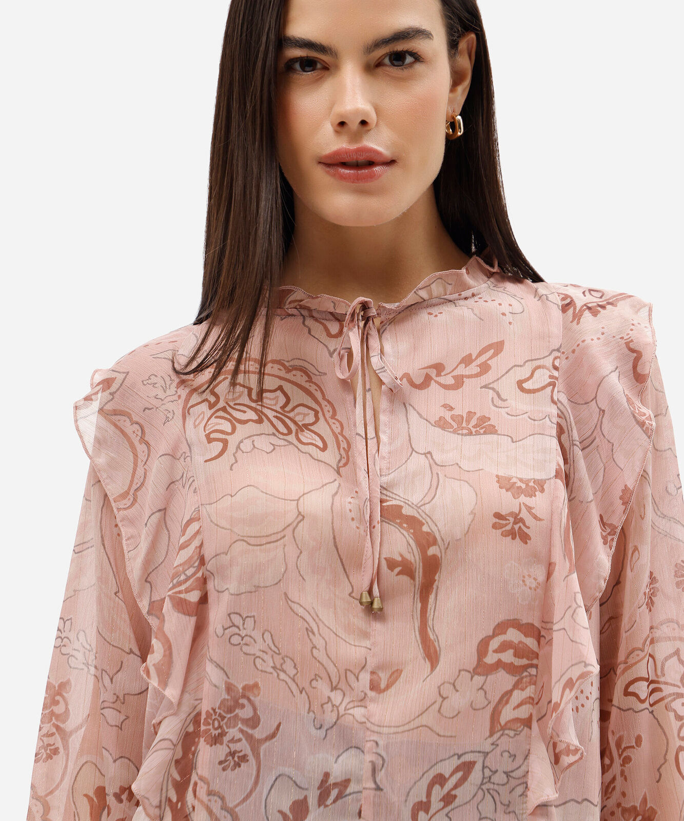 bata feminina manga longa com babados floral rosa