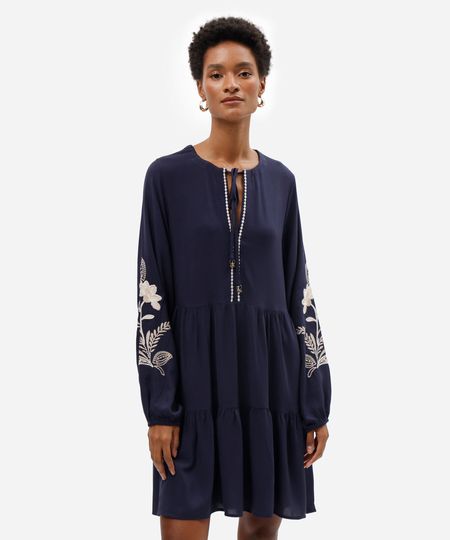 vestido bata curto feminino com recorte e bordado floral azul M