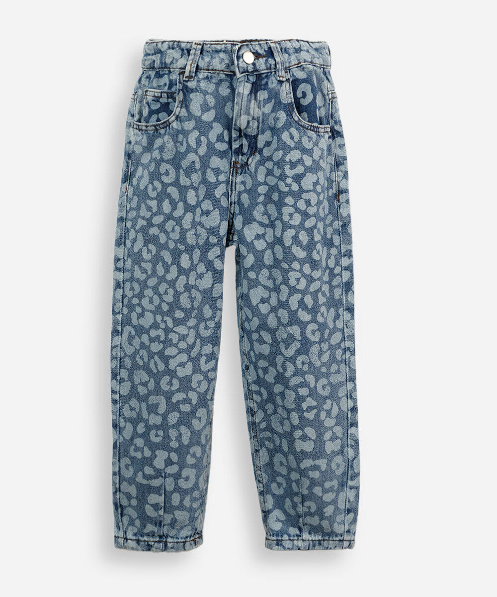 calça balloon jeans infantil animal print azul