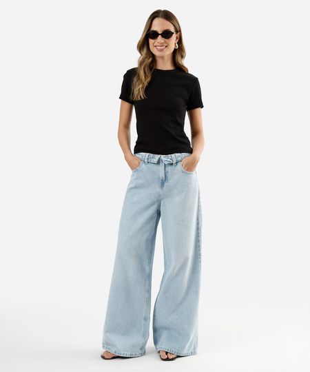 calça wide leg slim feminina jeans cós dobrado cintura baixa azul 40