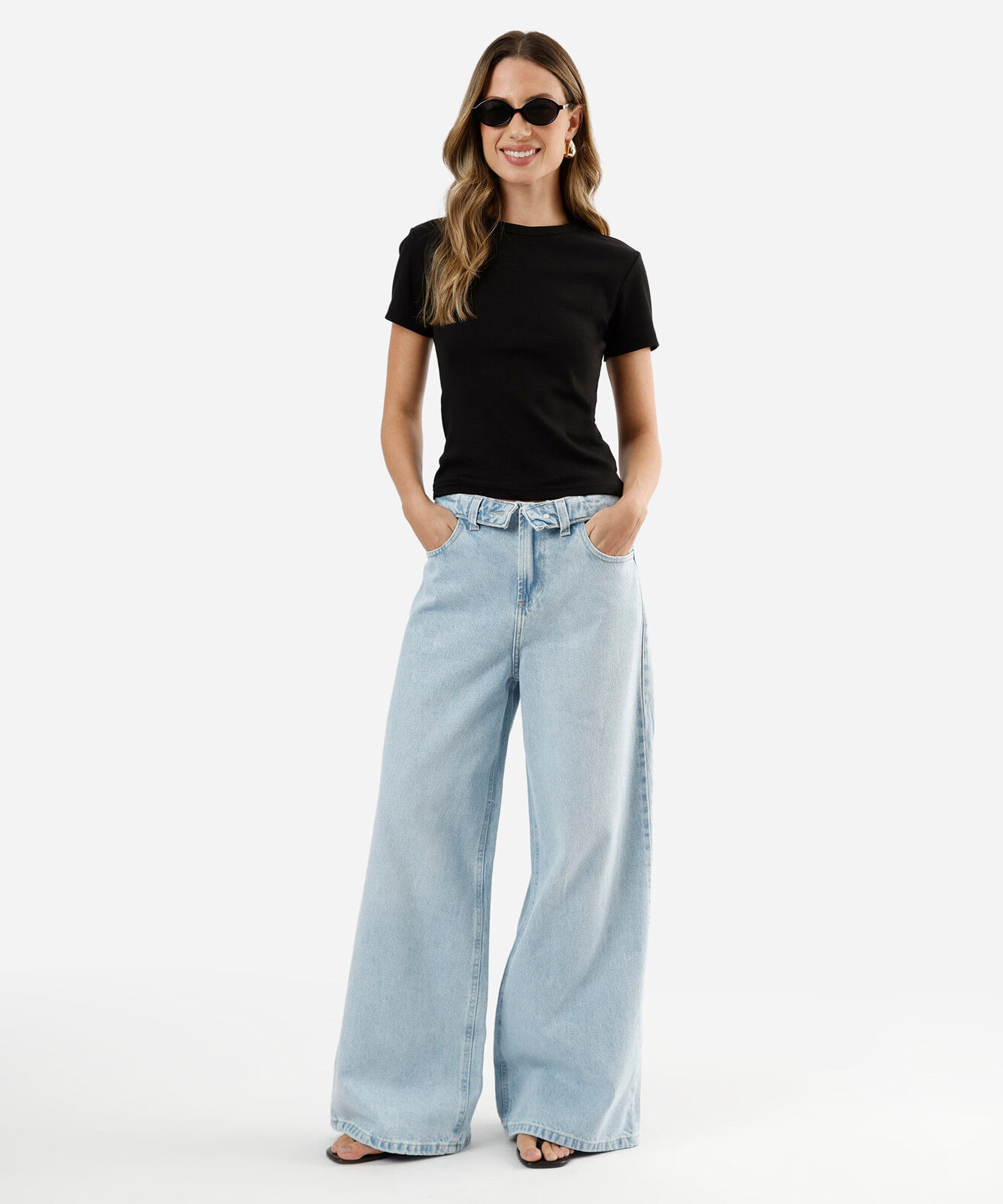 calça wide leg slim feminina jeans cós dobrado cintura baixa azul
