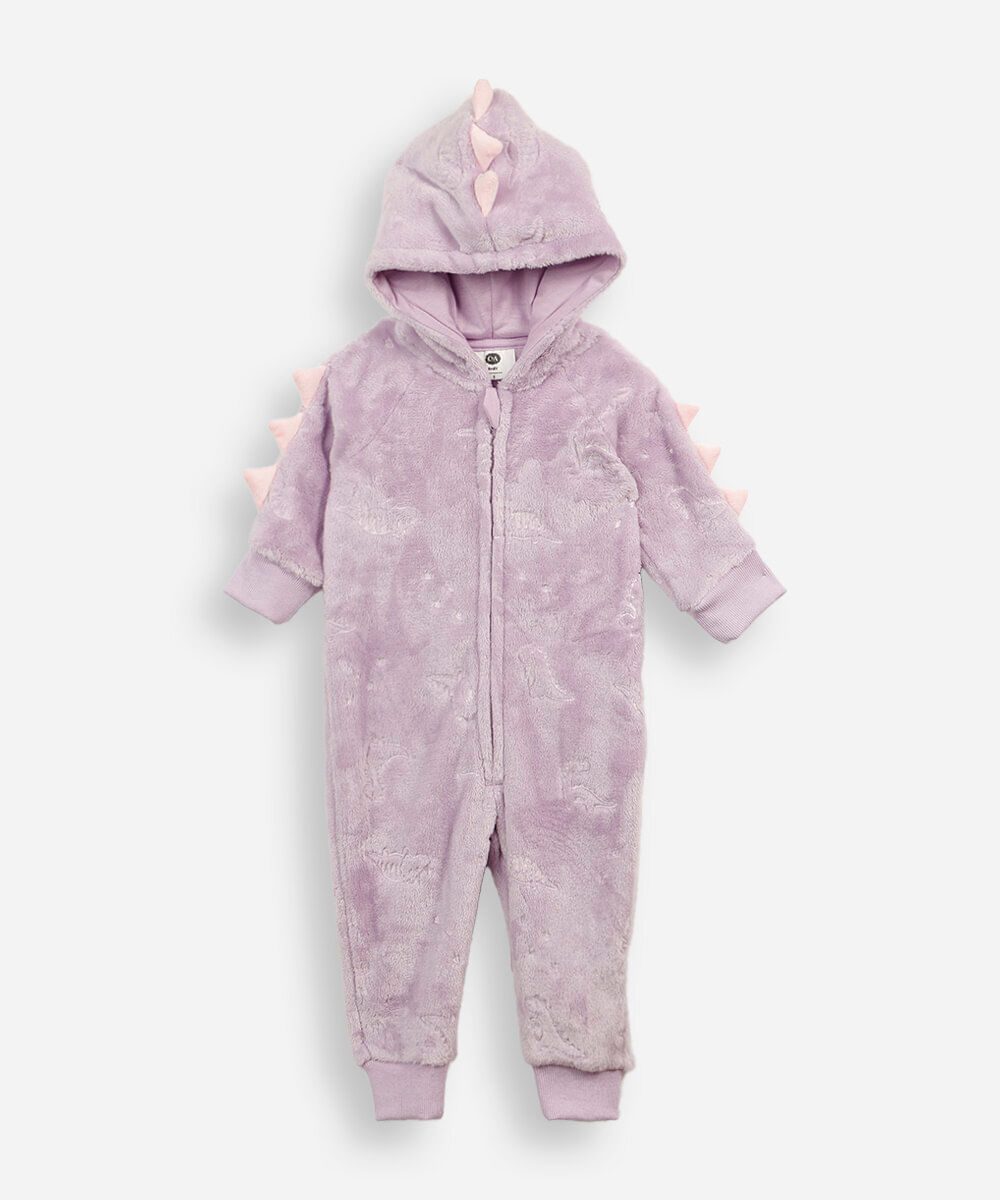 pijama macacão infantil de fleece com capuz dino lilás