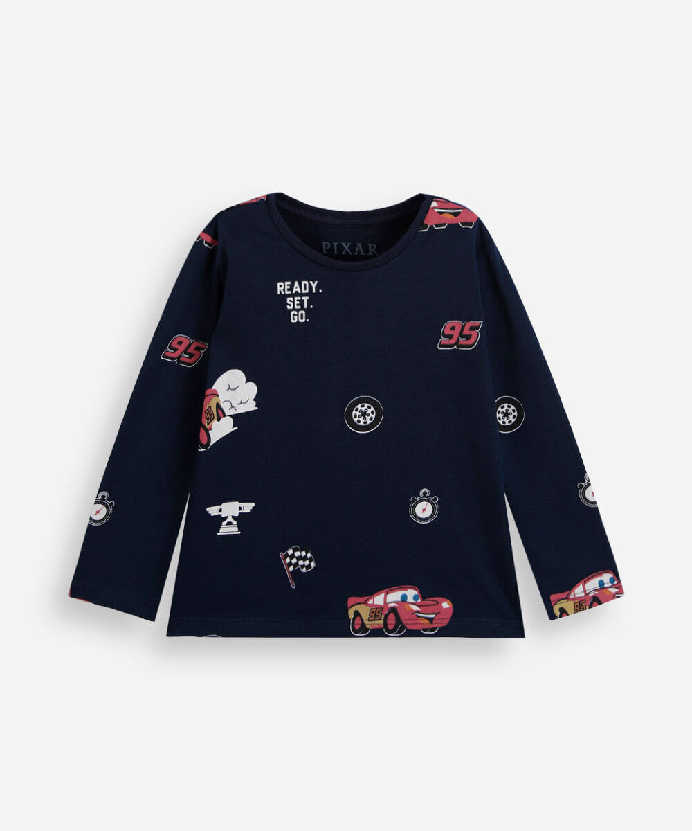 camiseta infantil de algodão manga longa mcqueen carros azul