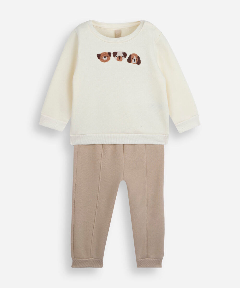 conjunto longo infantil de moletom com bordado off white