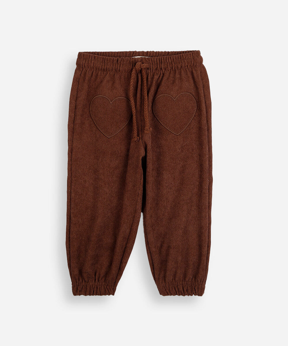 calça jogger infantil de veludo cotelê com bordado coração marrom
