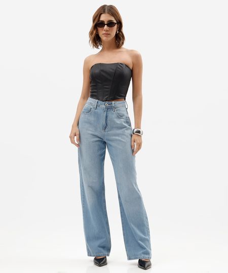 calça wide leg slim feminina jeans cintura alta azul 34