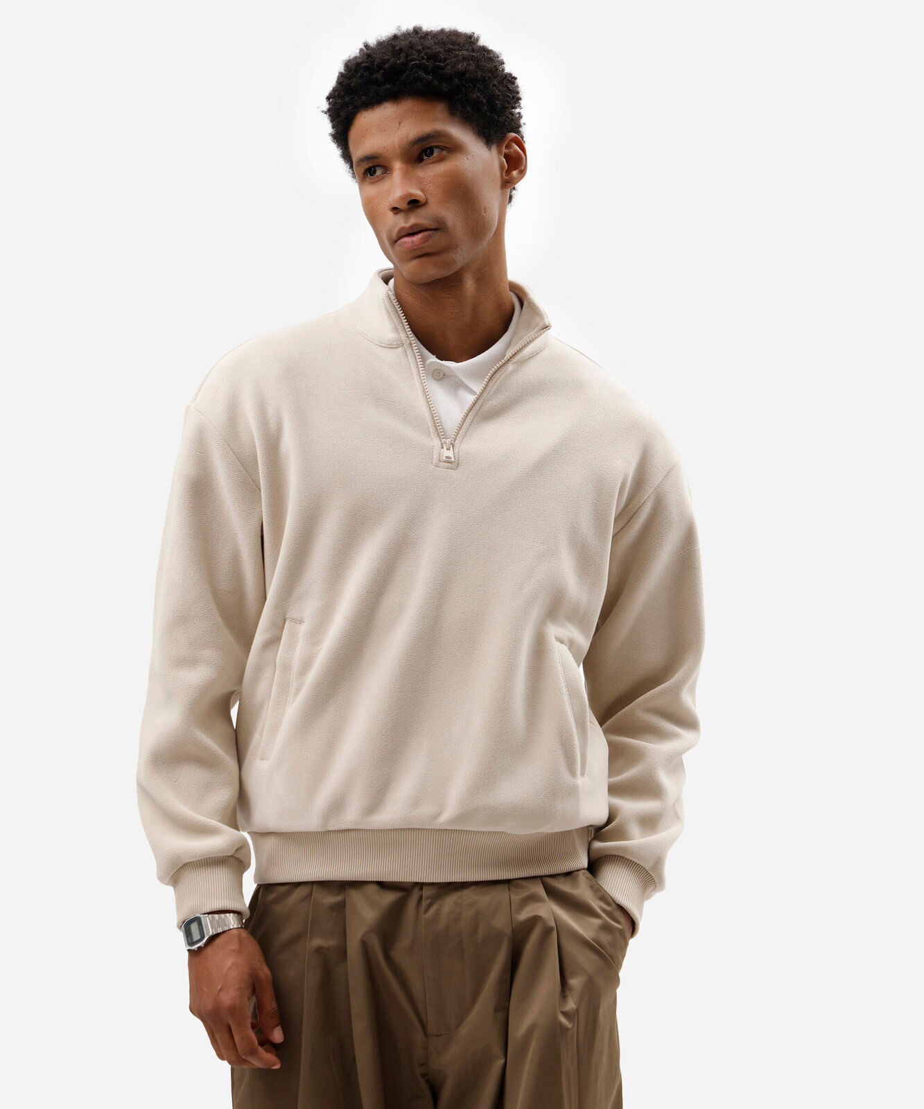 blusão masculino de fleece gola alta com zíper texturizado off white