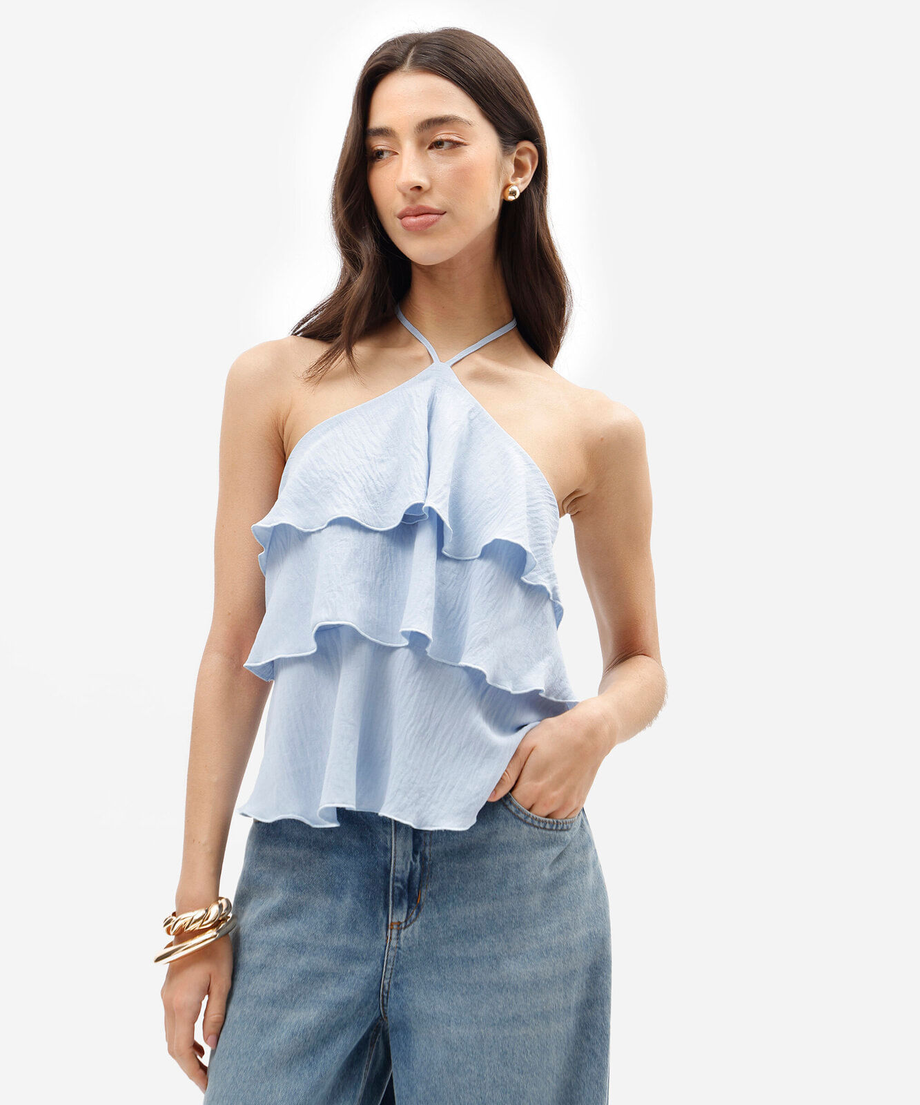 blusa feminina frente única texturizada com babados azul
