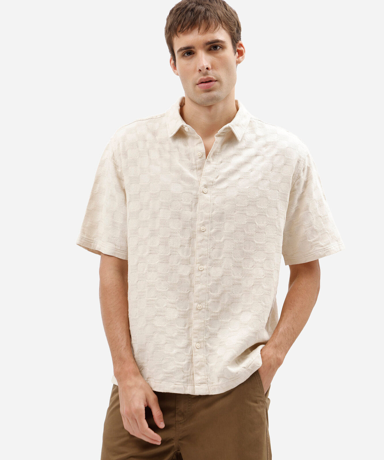 camisa masculina de algodão manga curta texturizada bege