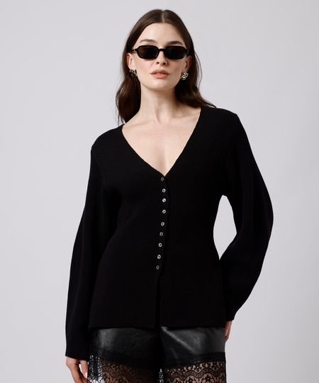cardigan acinturado feminino de tricot mindset preto M