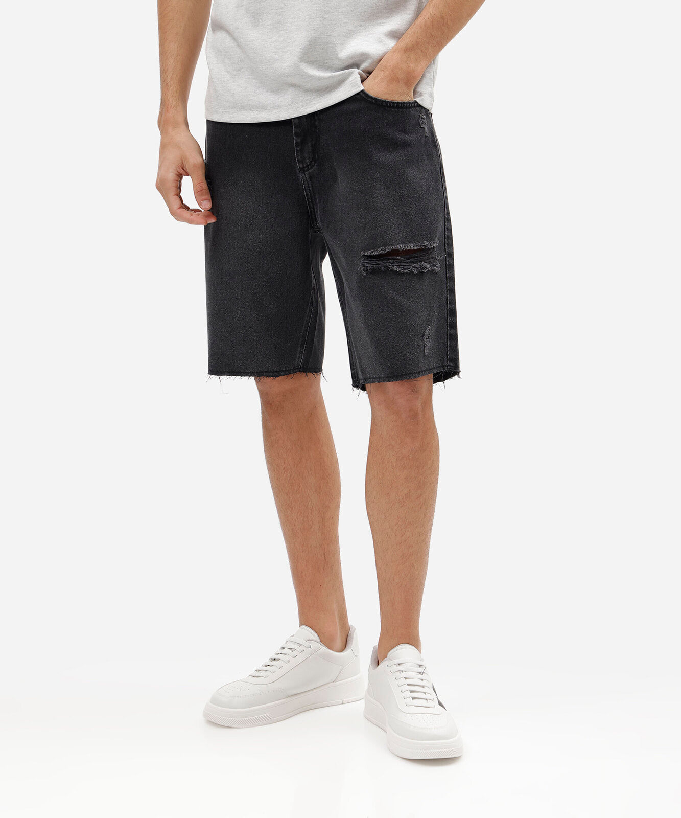 bermuda slim masculina jeans destroyed preta