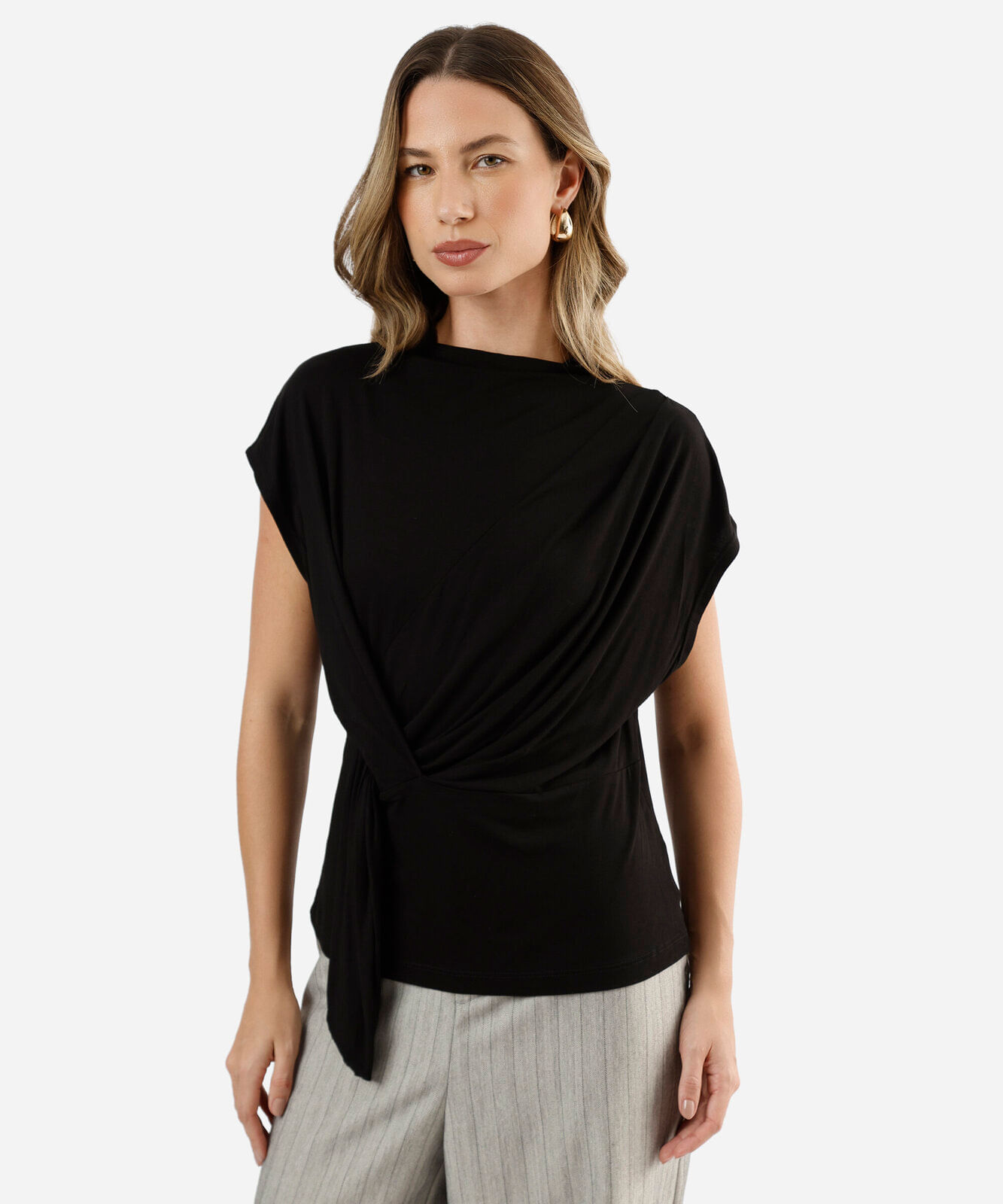 blusa feminina de viscose franzida preta