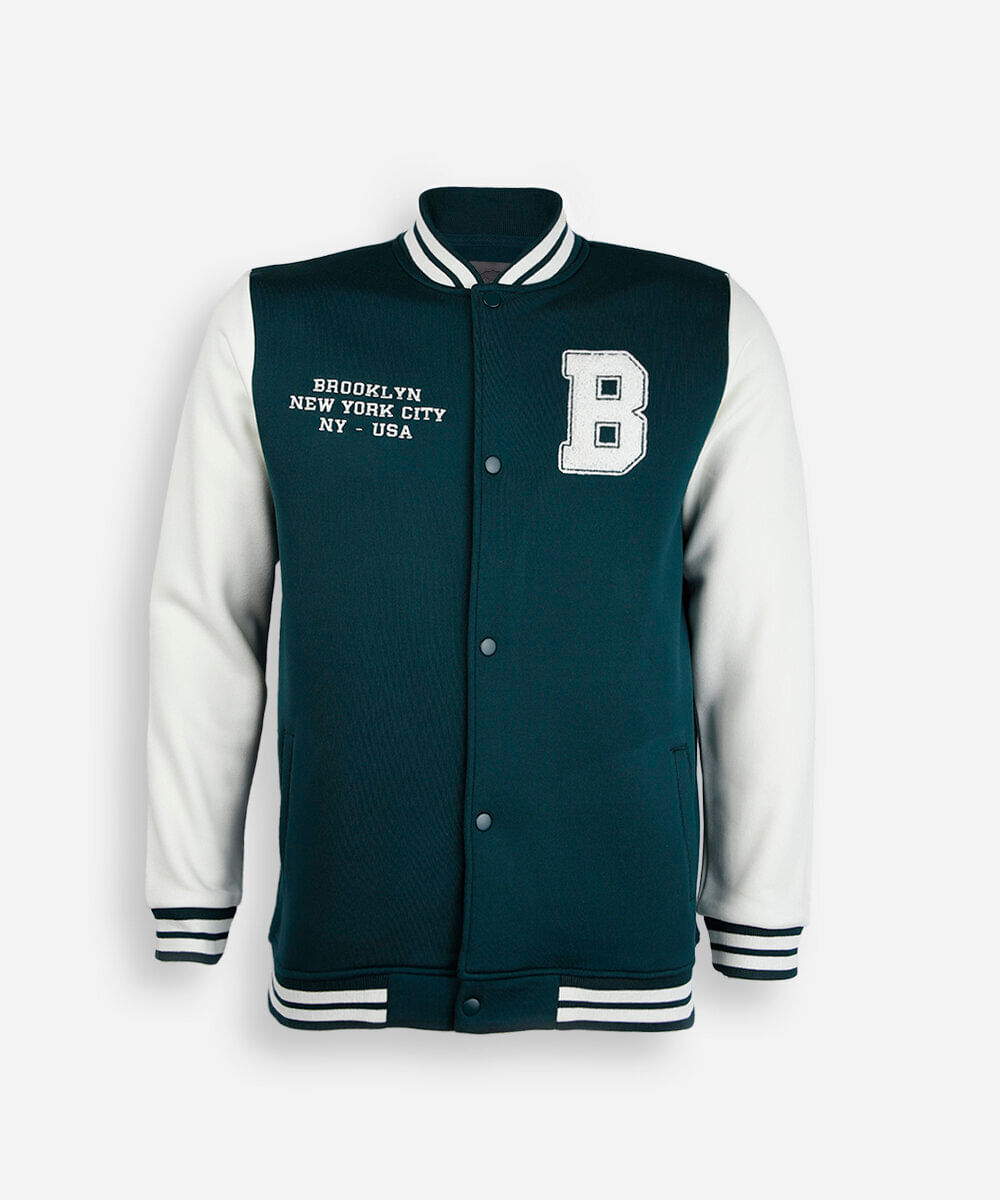 jaqueta bomber college juvenil de moletom com bordado verde