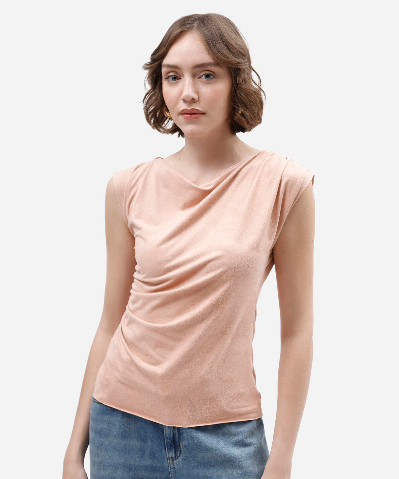 blusa feminina de suede franzida rosa