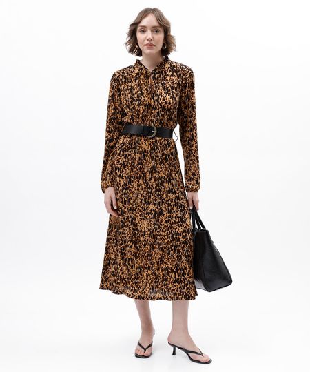 vestido midi feminino plissado animal print com cinto marrom PP