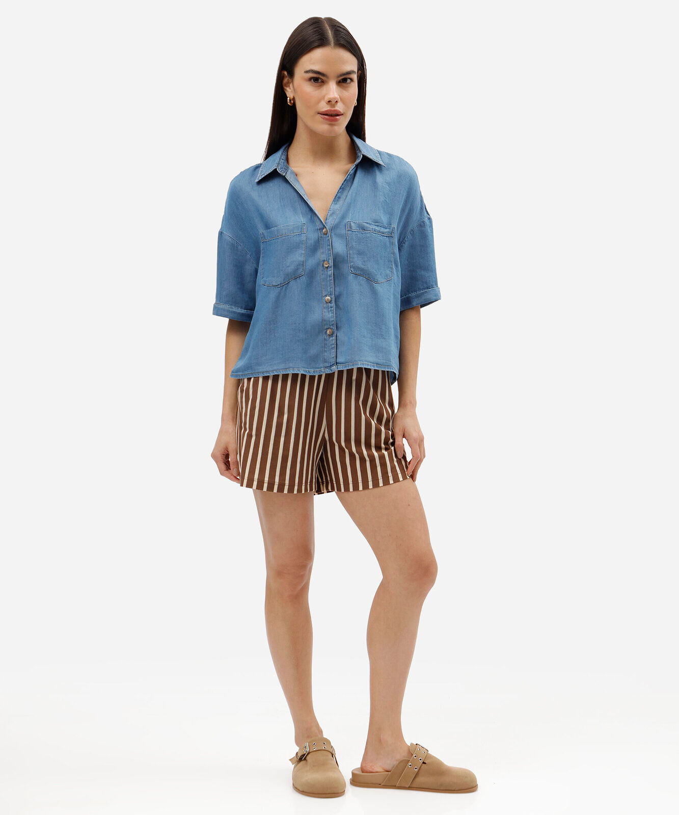 short feminino com algodão cós elástico listrado marrom