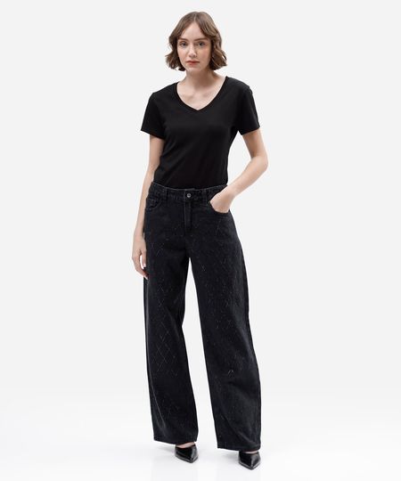 calça wide leg slim feminina jeans com brilhos cintura média preta 34