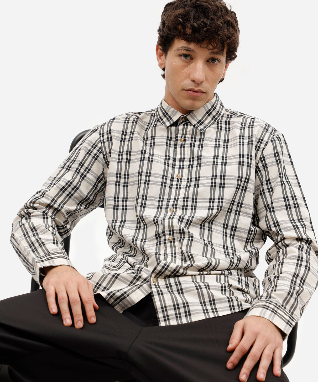 camisa masculina com algodão manga longa xadrez off white