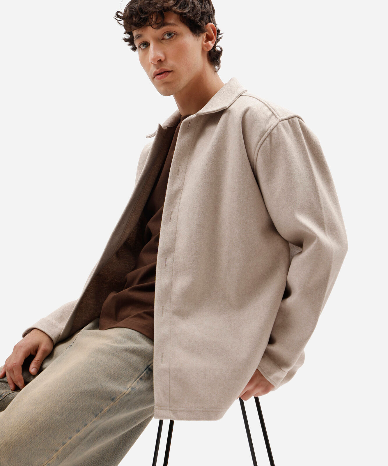 camisa overshirt masculina manga longa texturizada bege
