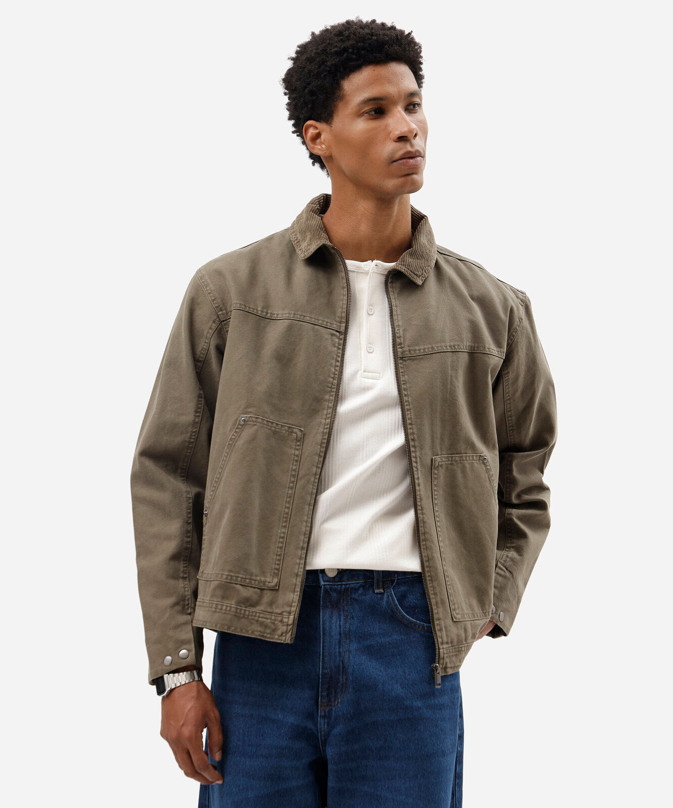 jaqueta masculina de sarja com gola cotelê verde
