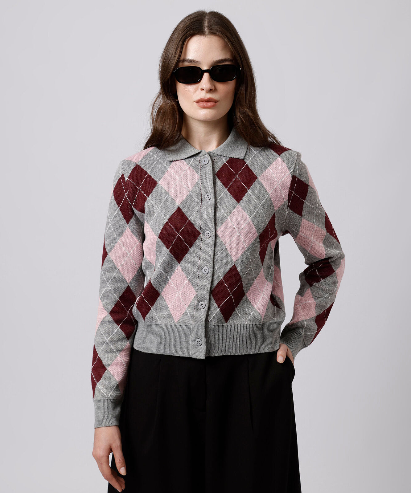 cardigan feminino de tricot xadrez argyle mindset cinza