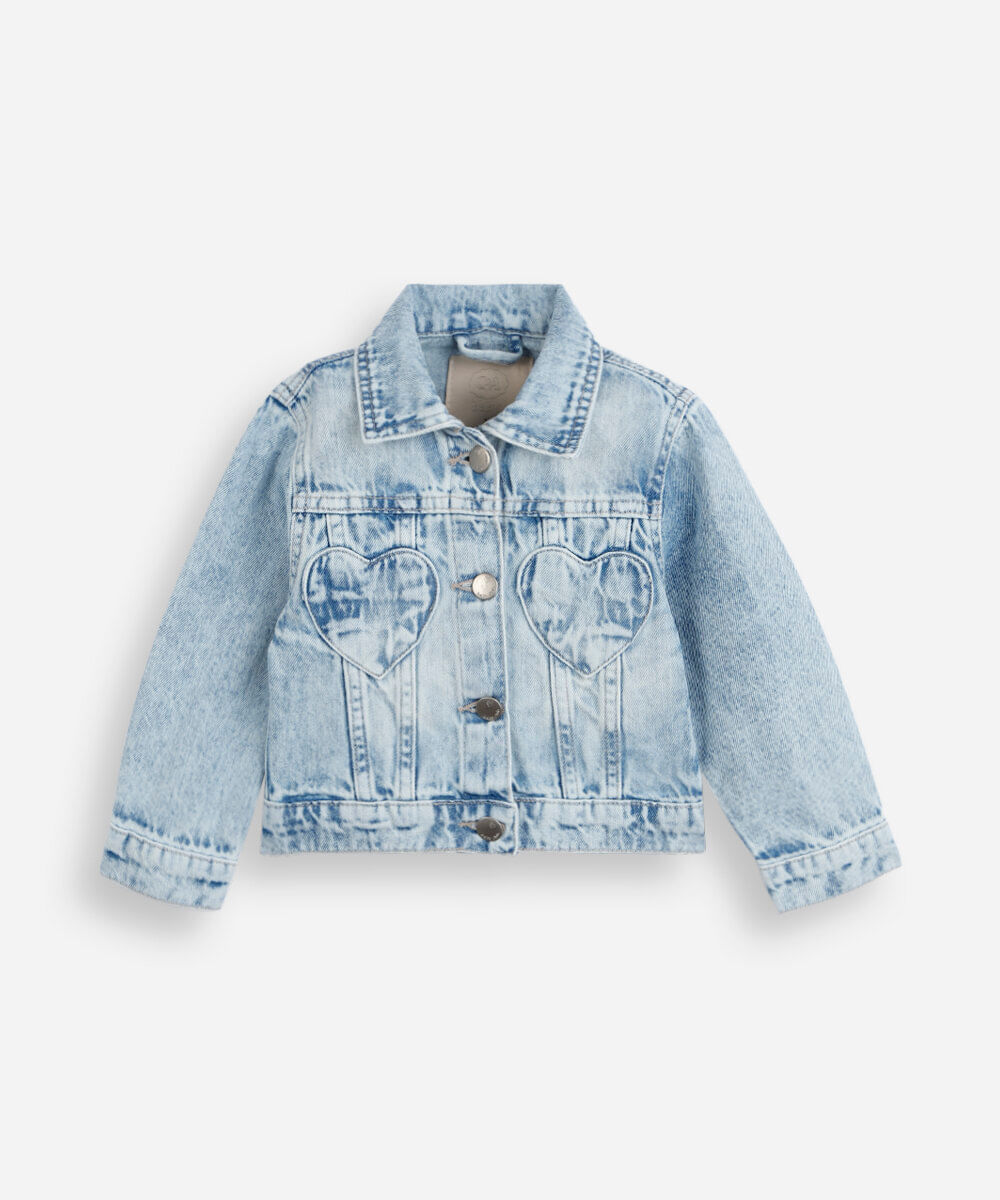 jaqueta infantil jeans com bolsos de coração azul